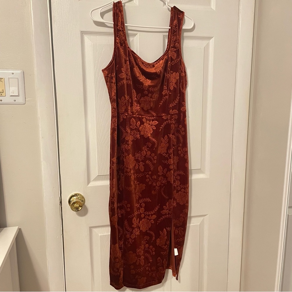 Split Leg Floral Velvet Rust Dress